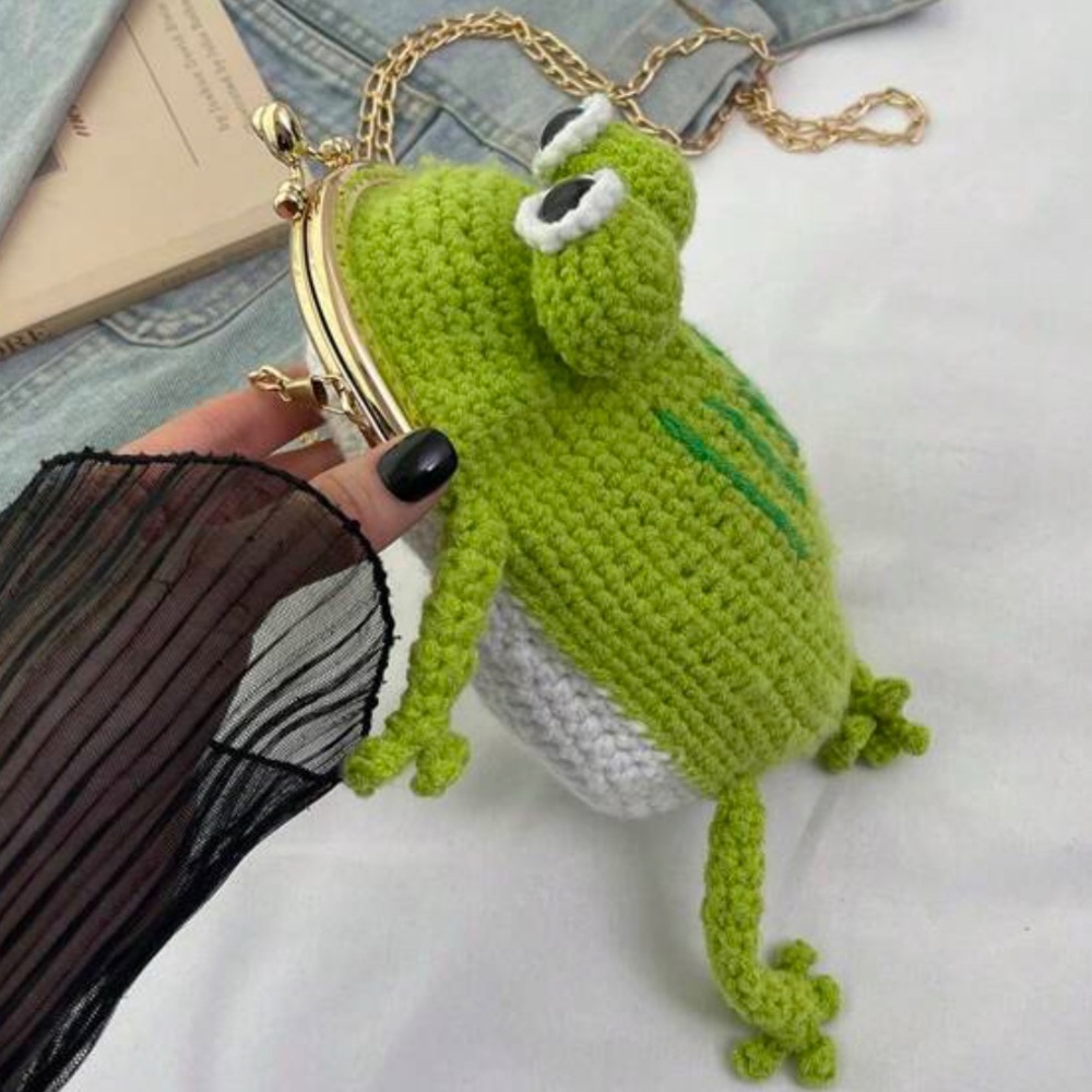 Frog Crossbody Bag Coin Purse handmade crochet hand knit chain mini shoulder NEW